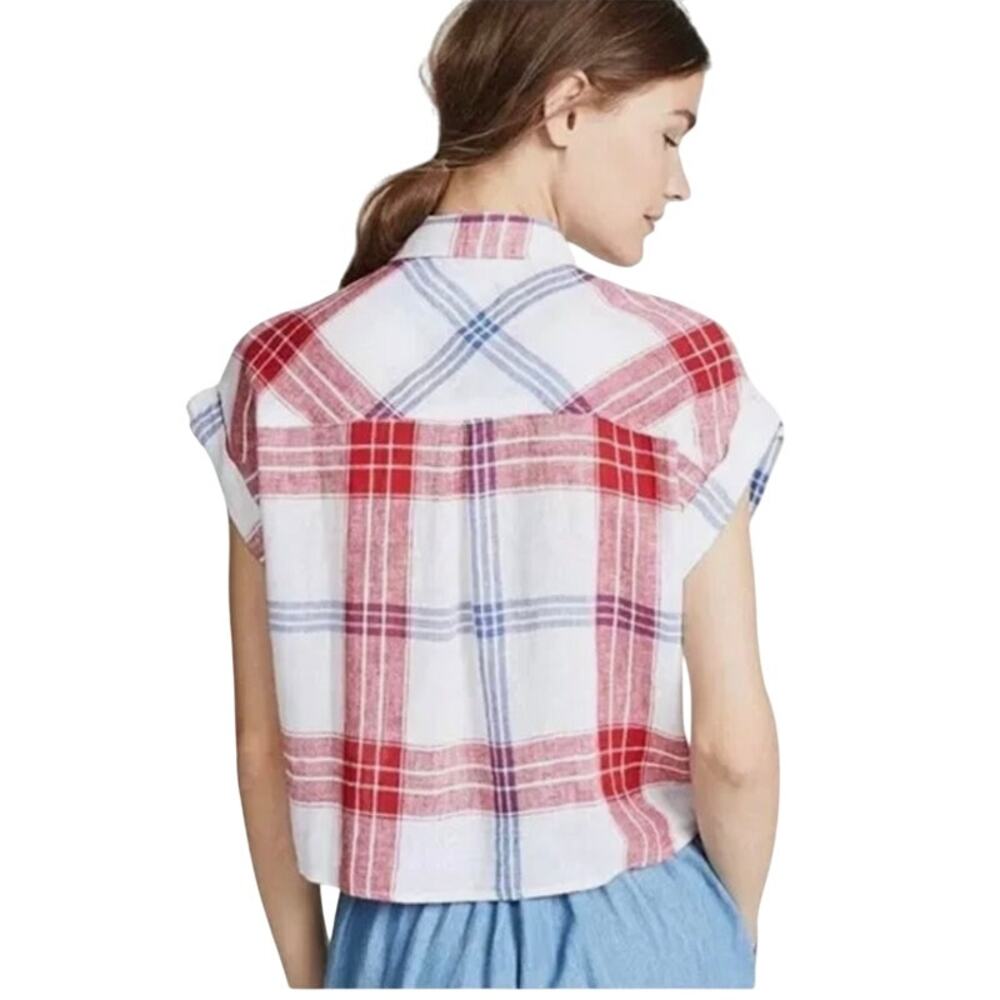 Rails Womens Linen Blend Top Size Large Red Blue Plaid Front Tie Button Front - Picture 2 of 8